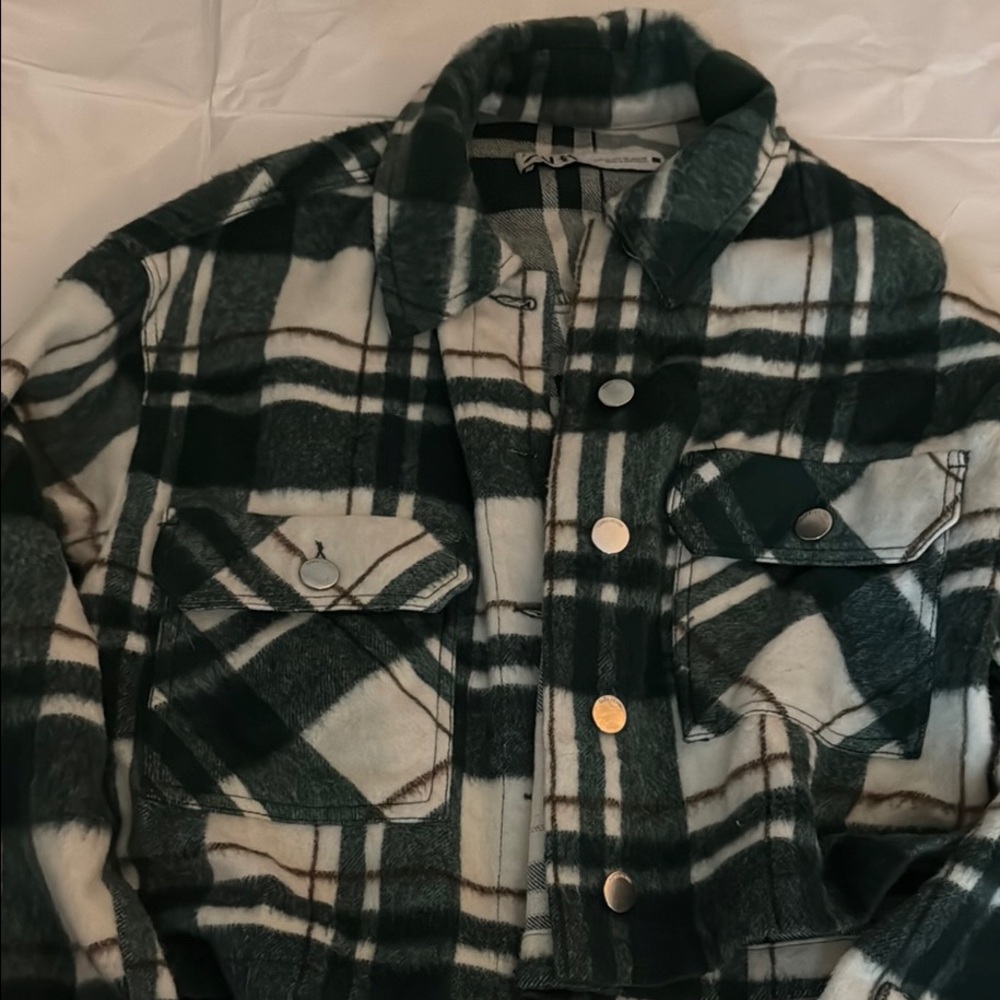 Zara Green and White Plaid Bomber Jacket